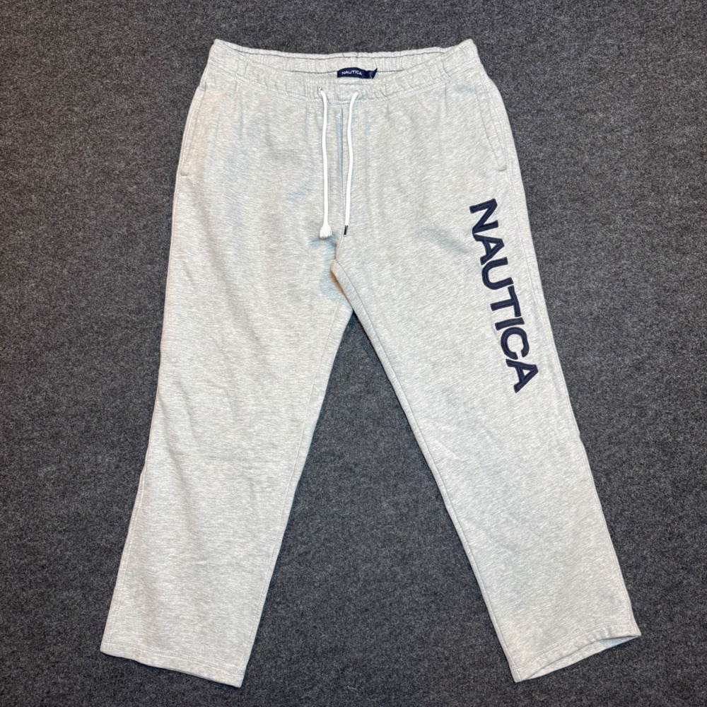 Nautica Mens XL Gray Fleece Sweatpants Logo Straight Leg Drawstring Lounge Pants